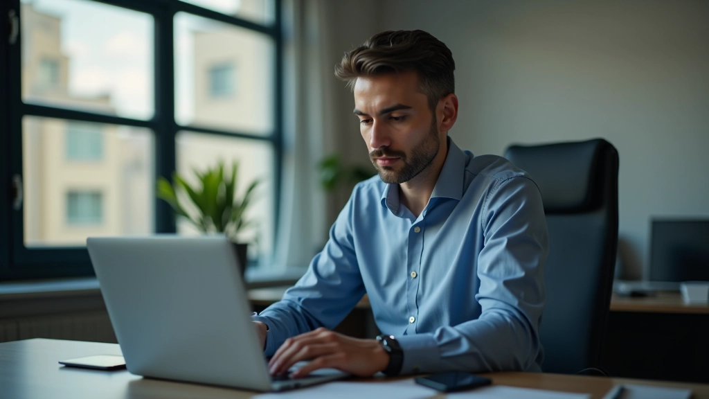KOBİ sahibi masada oturmuş, bilgisayar ekranında bulut hizmetleri inceliyor, açık ofis ortamı, doğal ışık