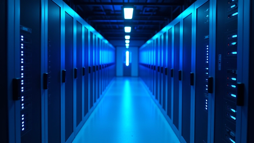 Bilgisayar ekranında bulut sunucusu sembolü, modern veri merkezi görüntüsü, mavi renkli aydınlatma, teknoloji teması