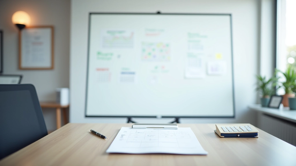 Ofis ortamında iş planlaması, takvim ve yapılacaklar listesi yazılı beyaz tahta, kalem, modern masaüstü